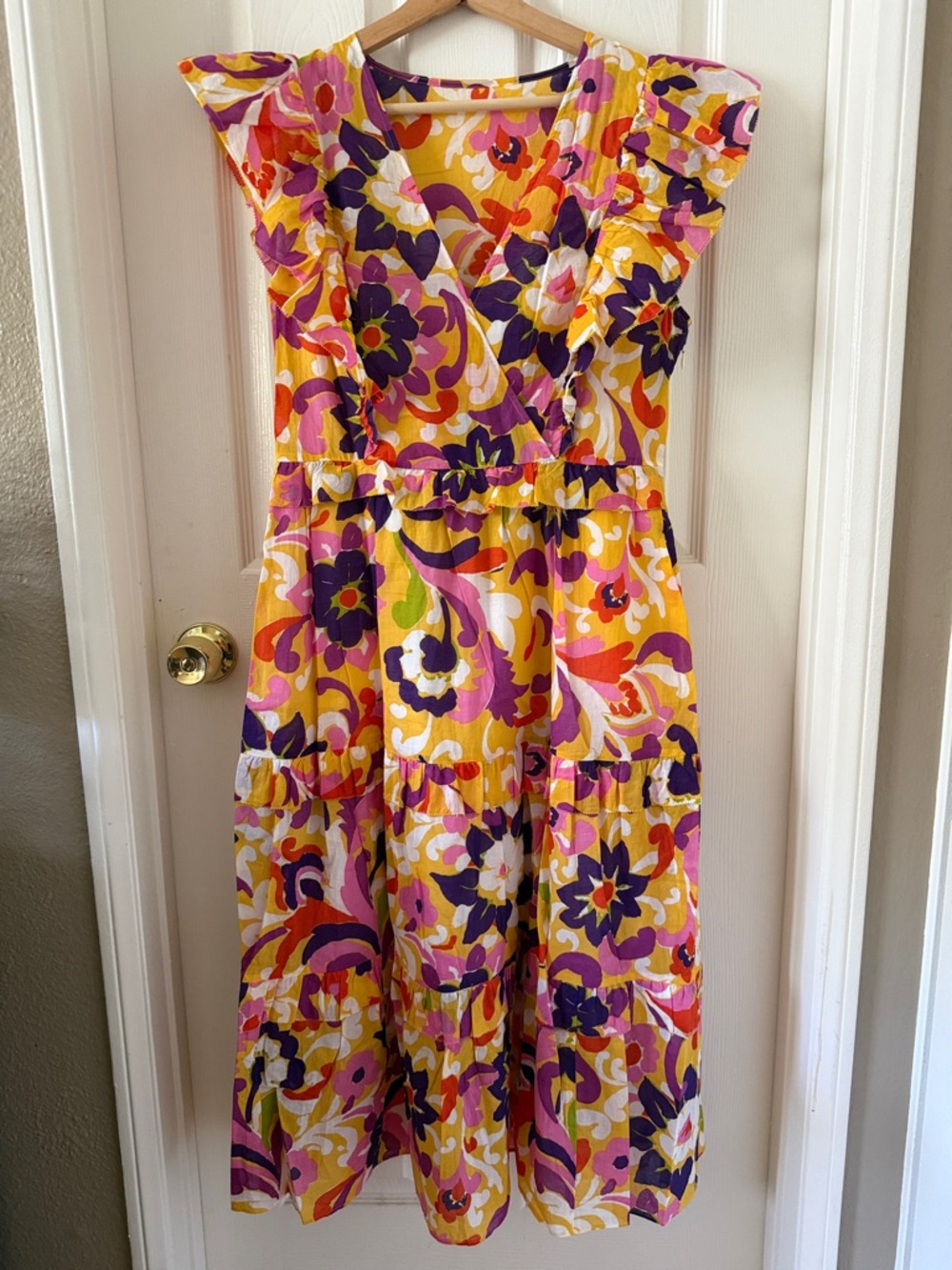 J. Crew Yellow Floral Midi Dress with Purple & Pink